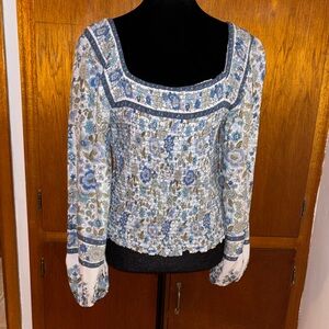 Blu Pepper Bohemian Floral Blue and White Women's Top SZ LARGE